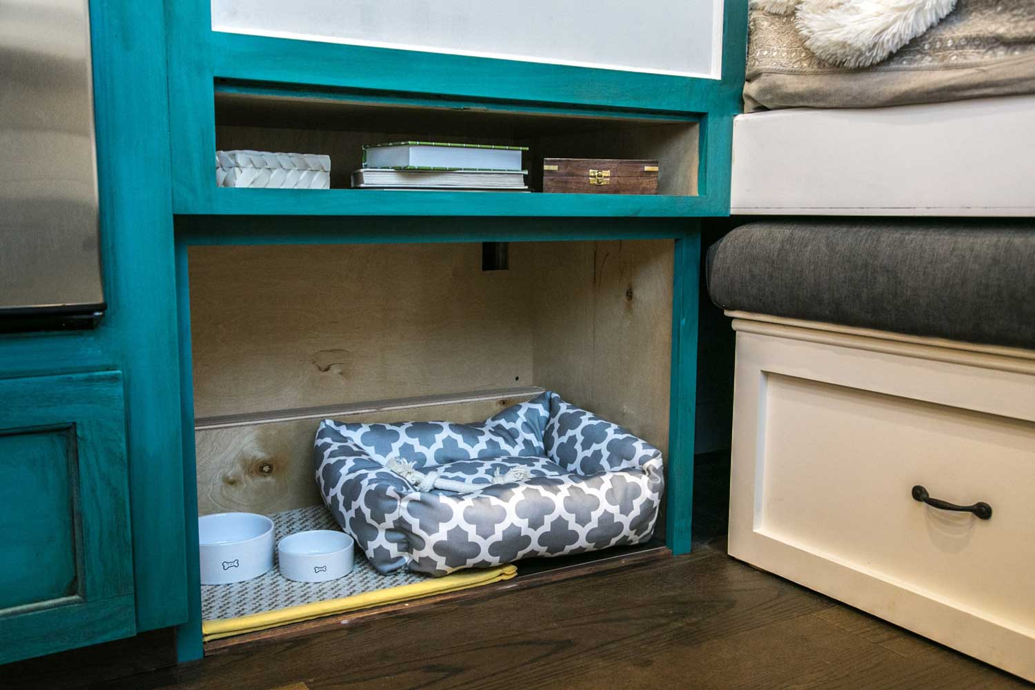 Doggie bed in The Archway custom tiny house