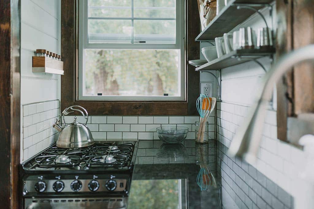 Details of the kitchen in the Tiny Heirloom Genesis custom tiny house