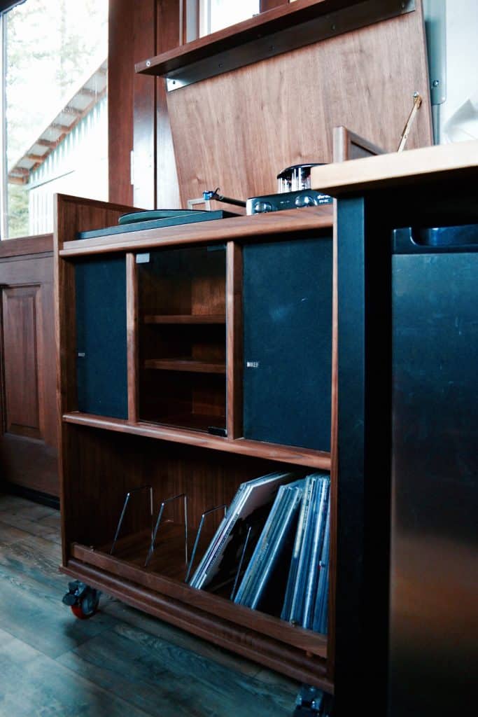 Record player in The Huntsman Cabin custom tiny home