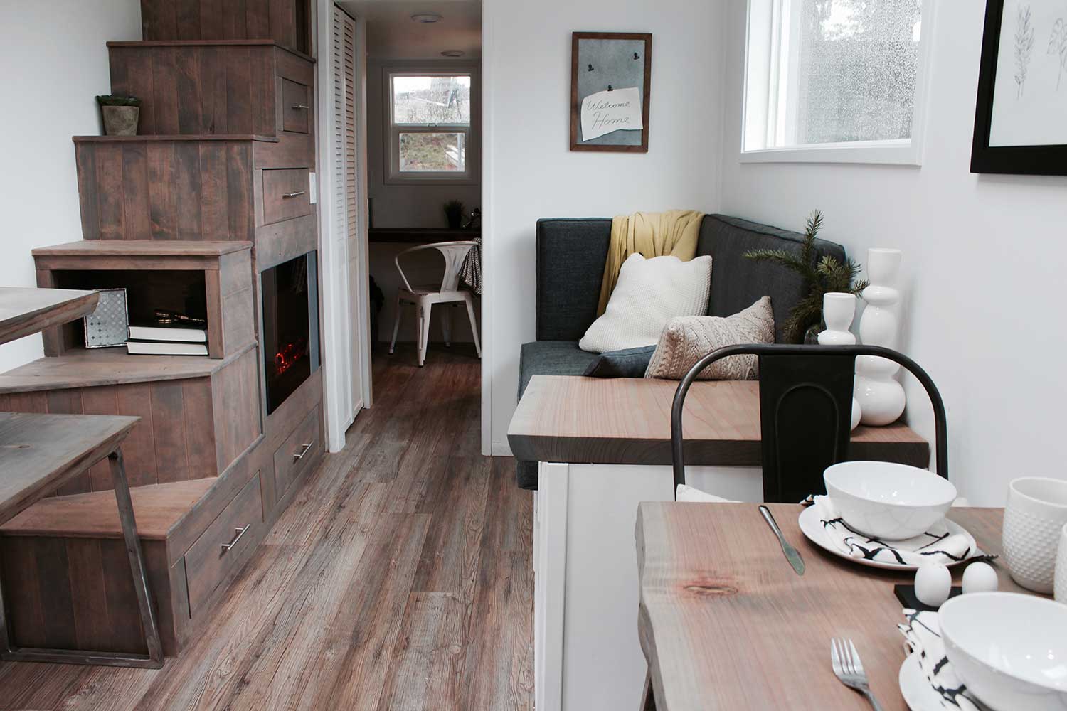 Interior of the Midcentury Modern Tiny Home showing living area and dining table