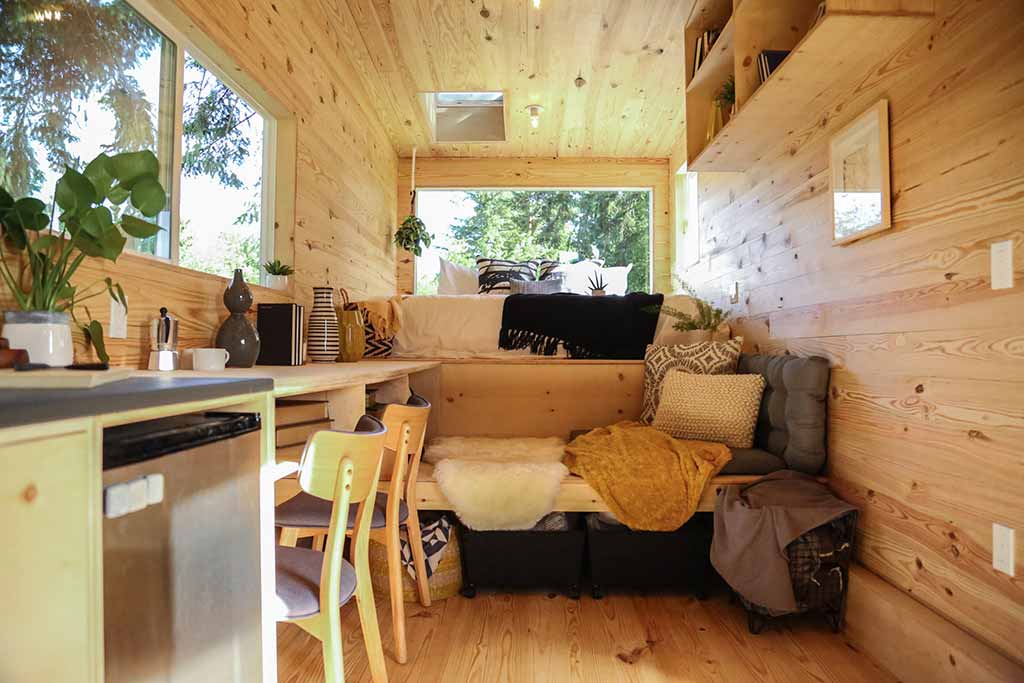 Interior of odern Shou Sugi Ban custom tiny home