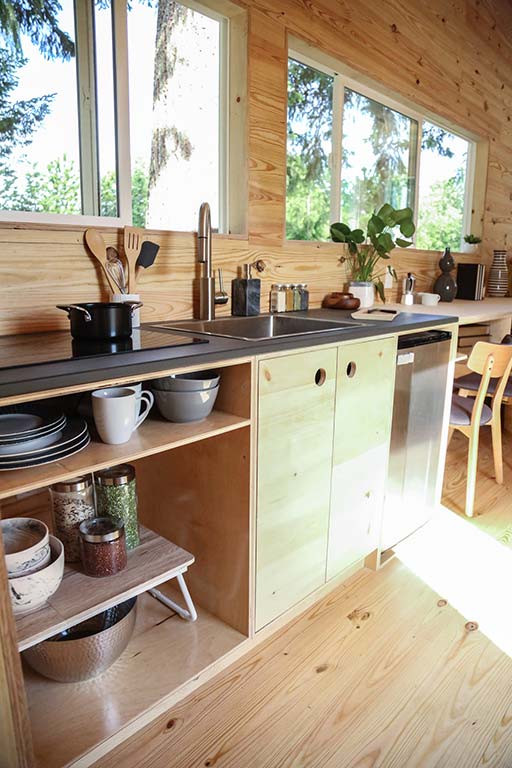 Kitchen of the odern Shou Sugi Ban custom tiny home