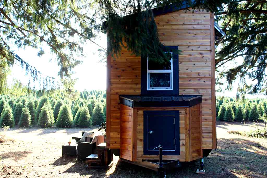 Back outside view of the Modern Tiny Home in Colorado with a Christmas tree farm in the background