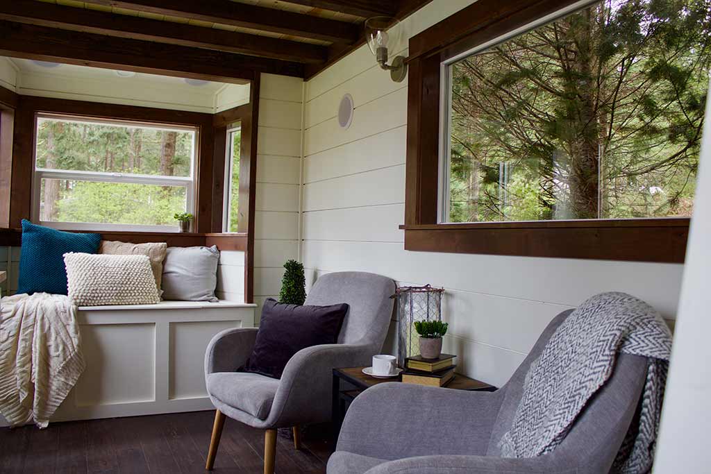 Living room in the The Tailgating Farmhouse custom tiny home