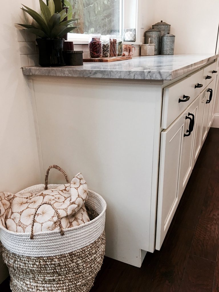 Kitchen detail of counter and basked in the Vintage Glam custom tiny home