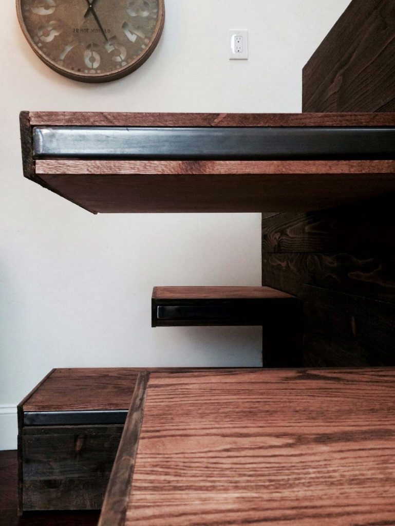 Detail of floating shelves i the Vintage Glam custom tiny home