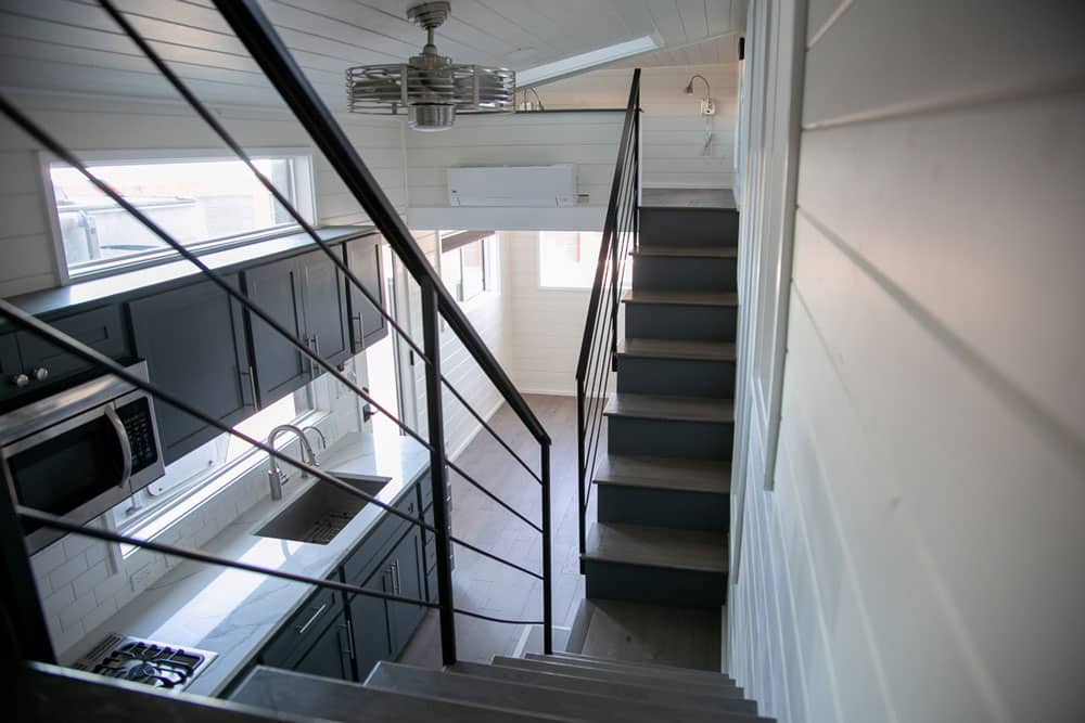 View from the top of the stairs in the Contempo custom tiny home