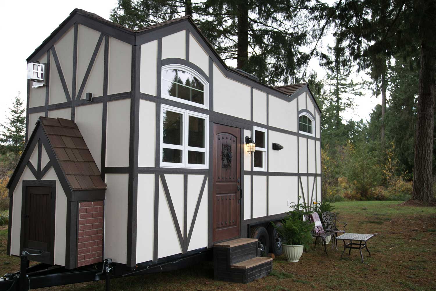 Exterior of custom tiny house called the Tudor