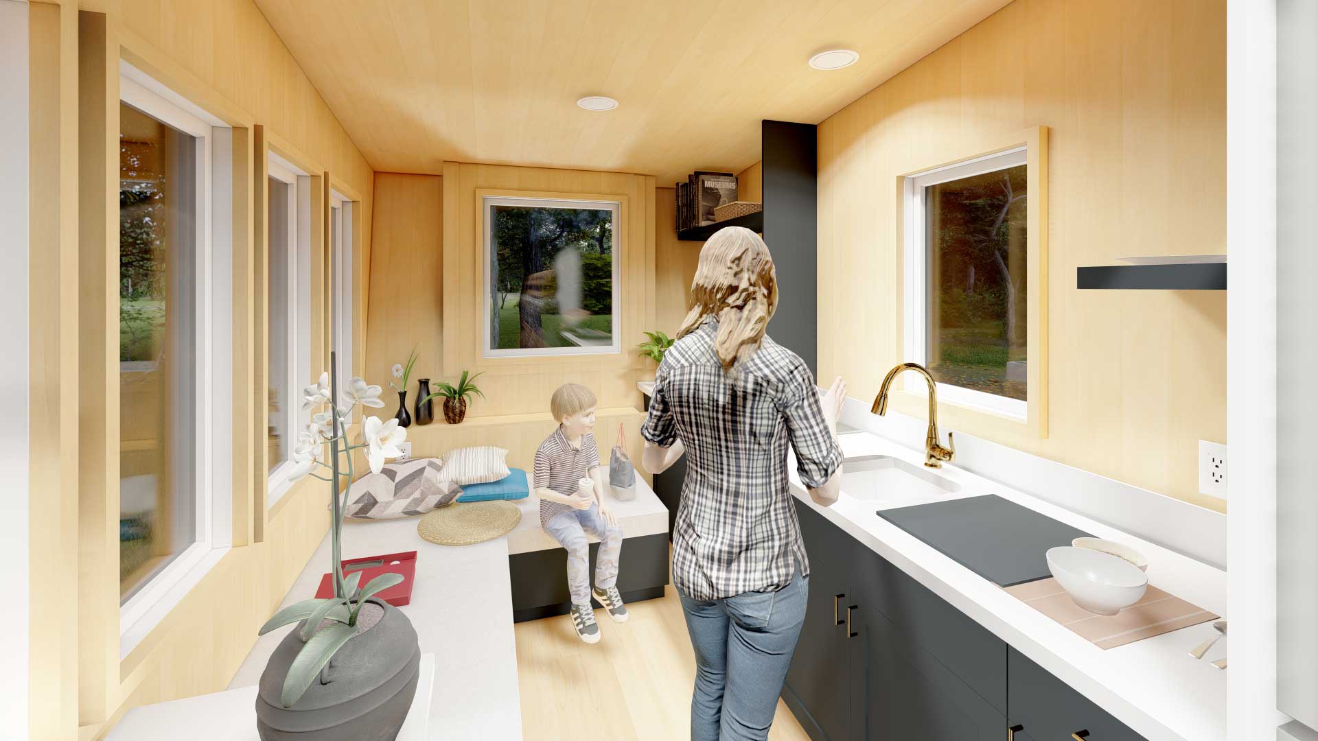 A woman cooks in the kitchen of her Heirloom-X tiny house while her kid watches, 3d model