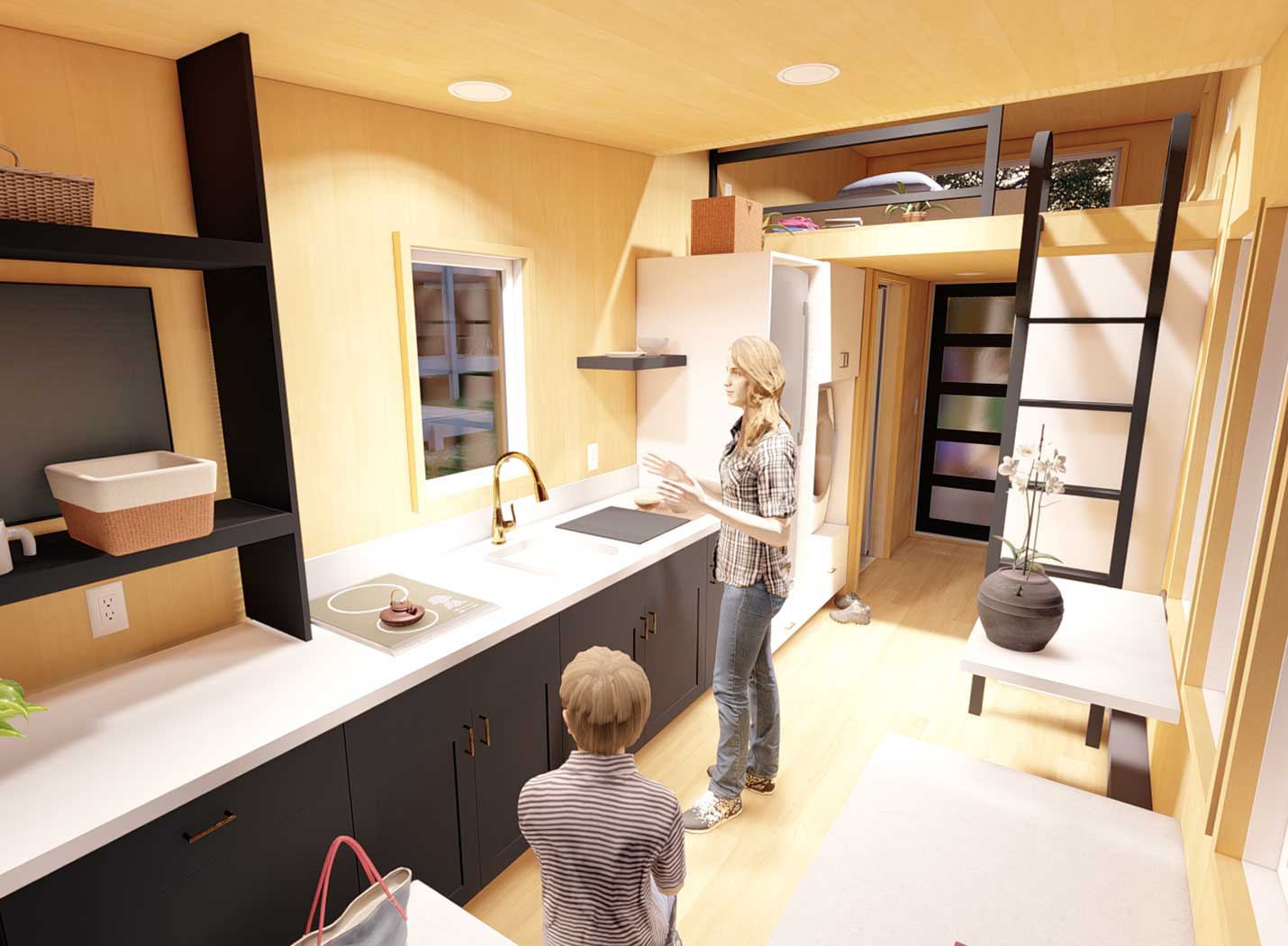 3D model of the interior of the Heirloom X, showing a family in the kitchen and a ladder to the loft