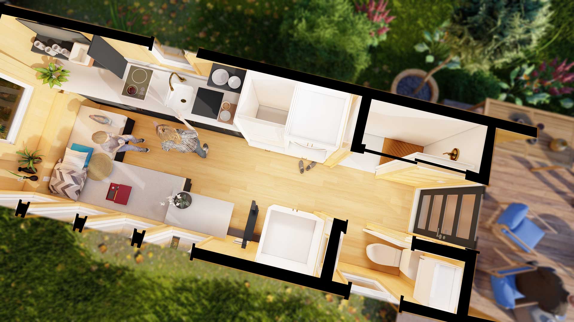 Overhead cutaway 3d model of the Heirloom-X tiny house, showing its rooms and interior from above