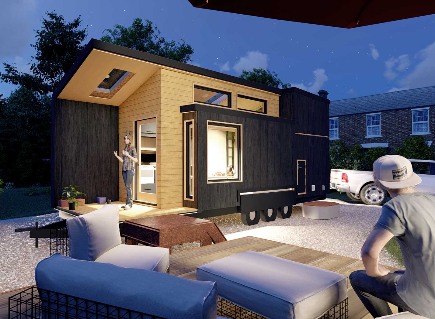 Journey tiny home exterior at night, 3d model