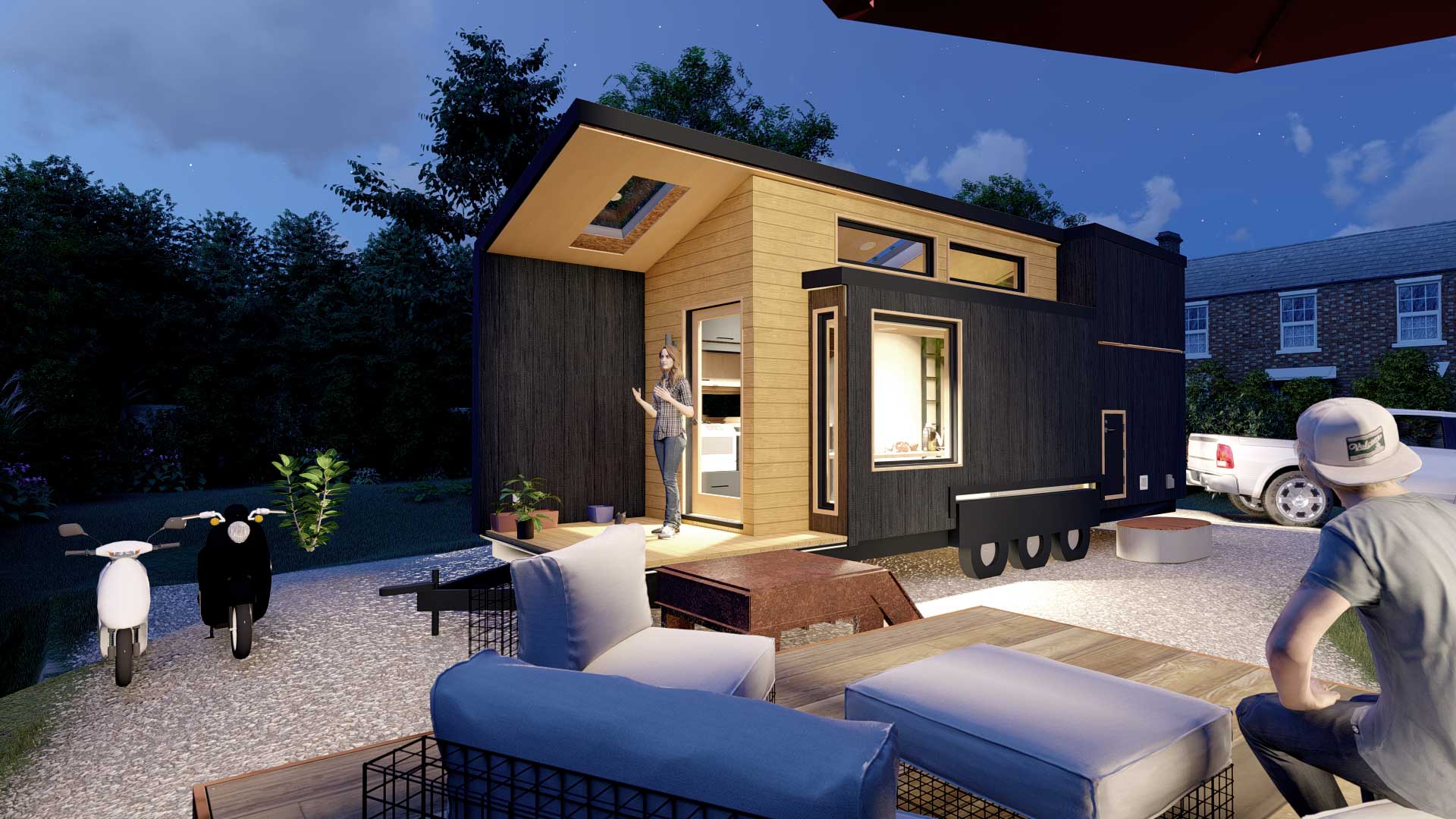 Nighttime outside 3D model of Journey tiny home, for sale as a part of the Signature Series tiny home models