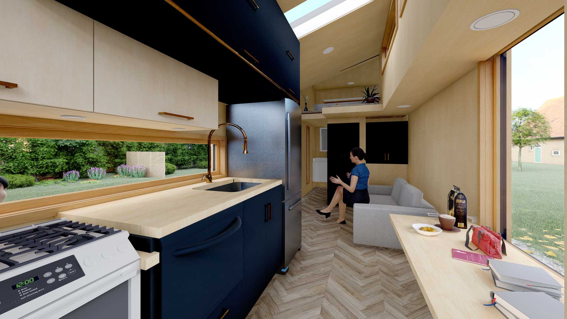 Interior 3D model of Journey tiny home with kitchen and person sitting reading on a couch