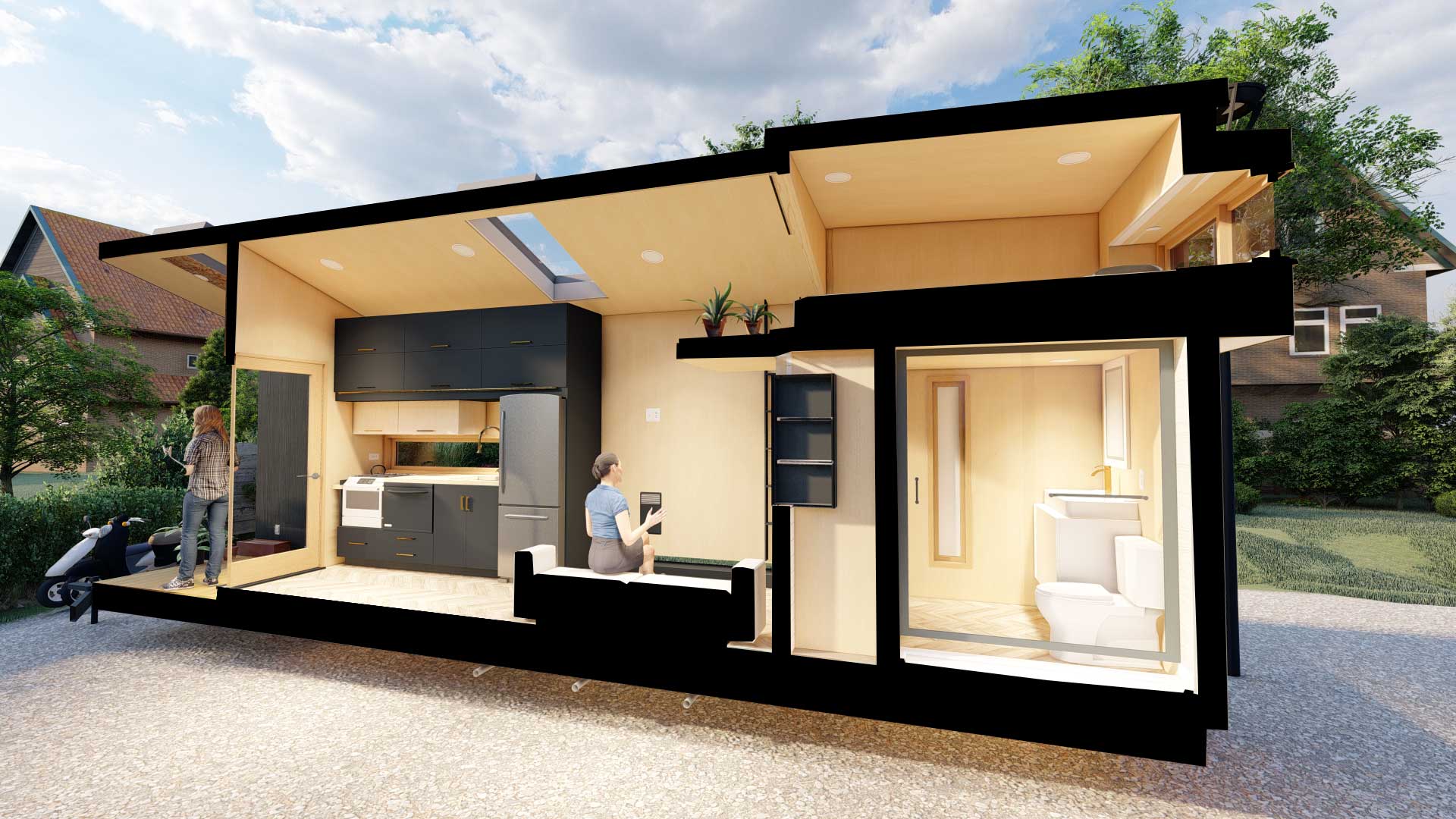 Cutaway 3D model outside view of the Journey tiny home