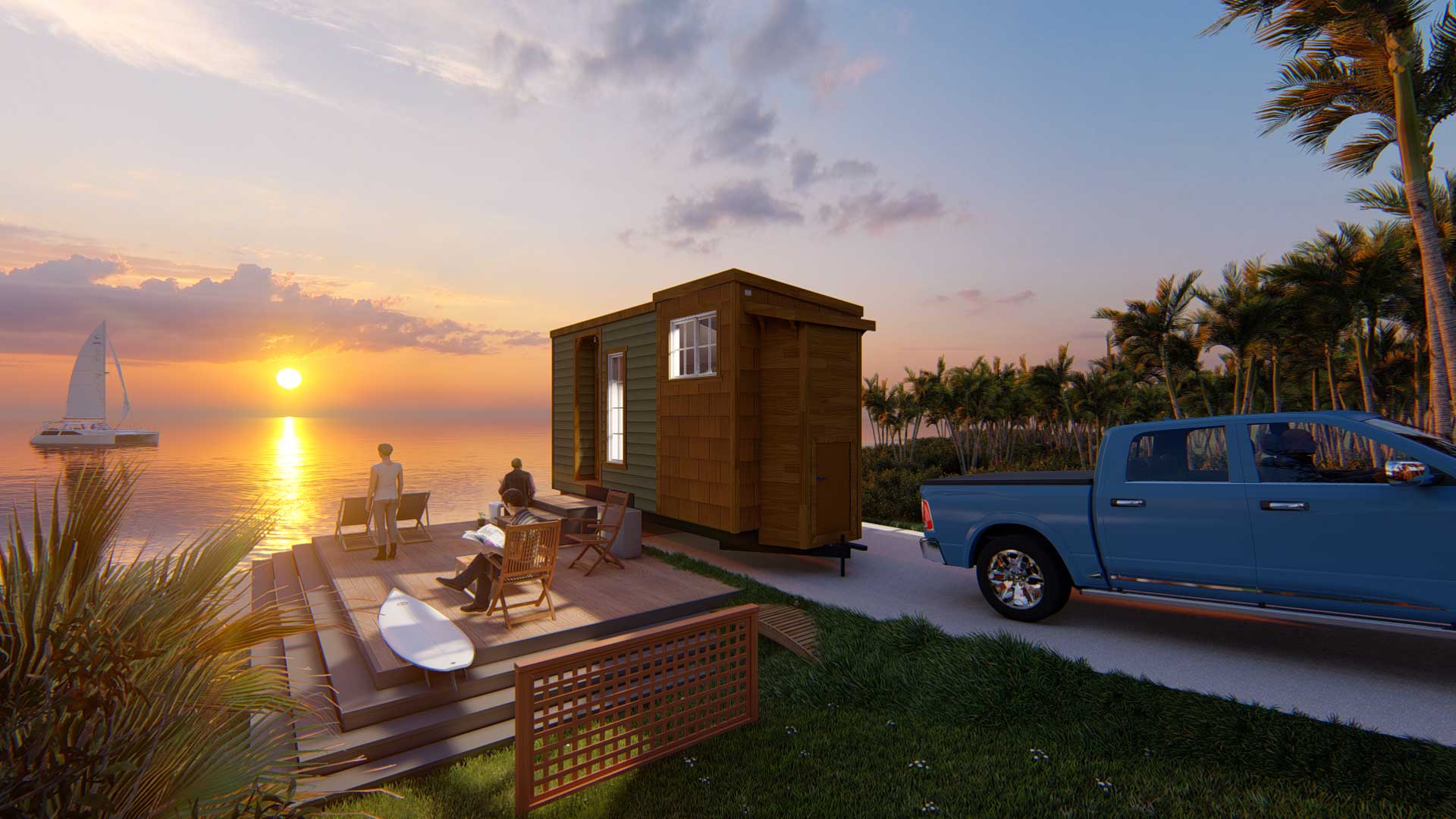 3d model of Keepsake tiny home in the craftsman style overlooking the ocean at sunset