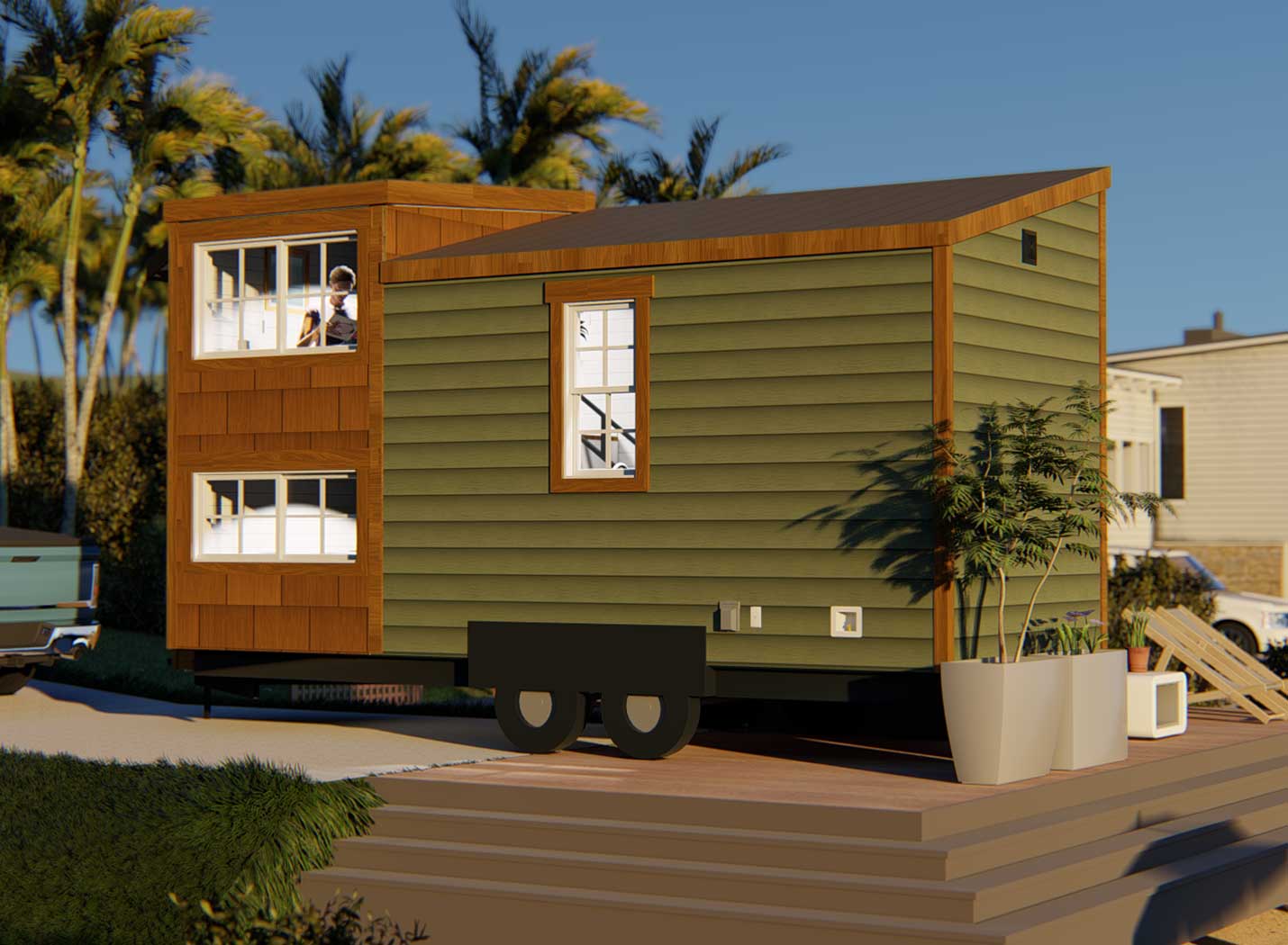 Exterior of the Keepsake Tiny home for sale in the craftsman style (3d rendering)