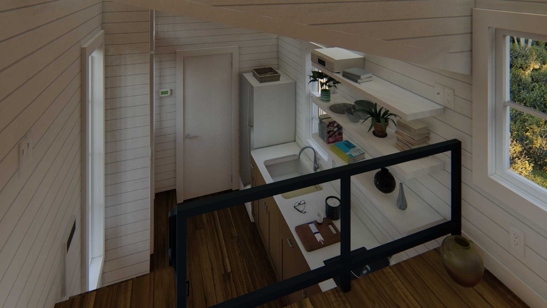 3D model of interior of keepsake tiny home in the craftsman style