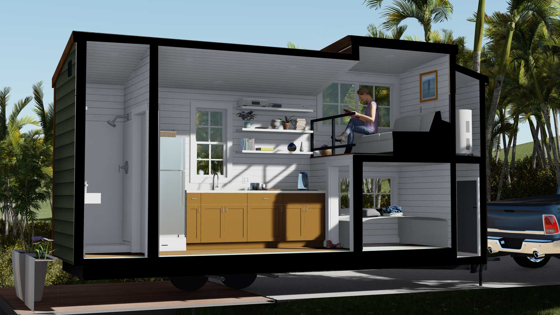 3D model cutaway of Keepsake Tiny house, Craftsman style, showing the interior