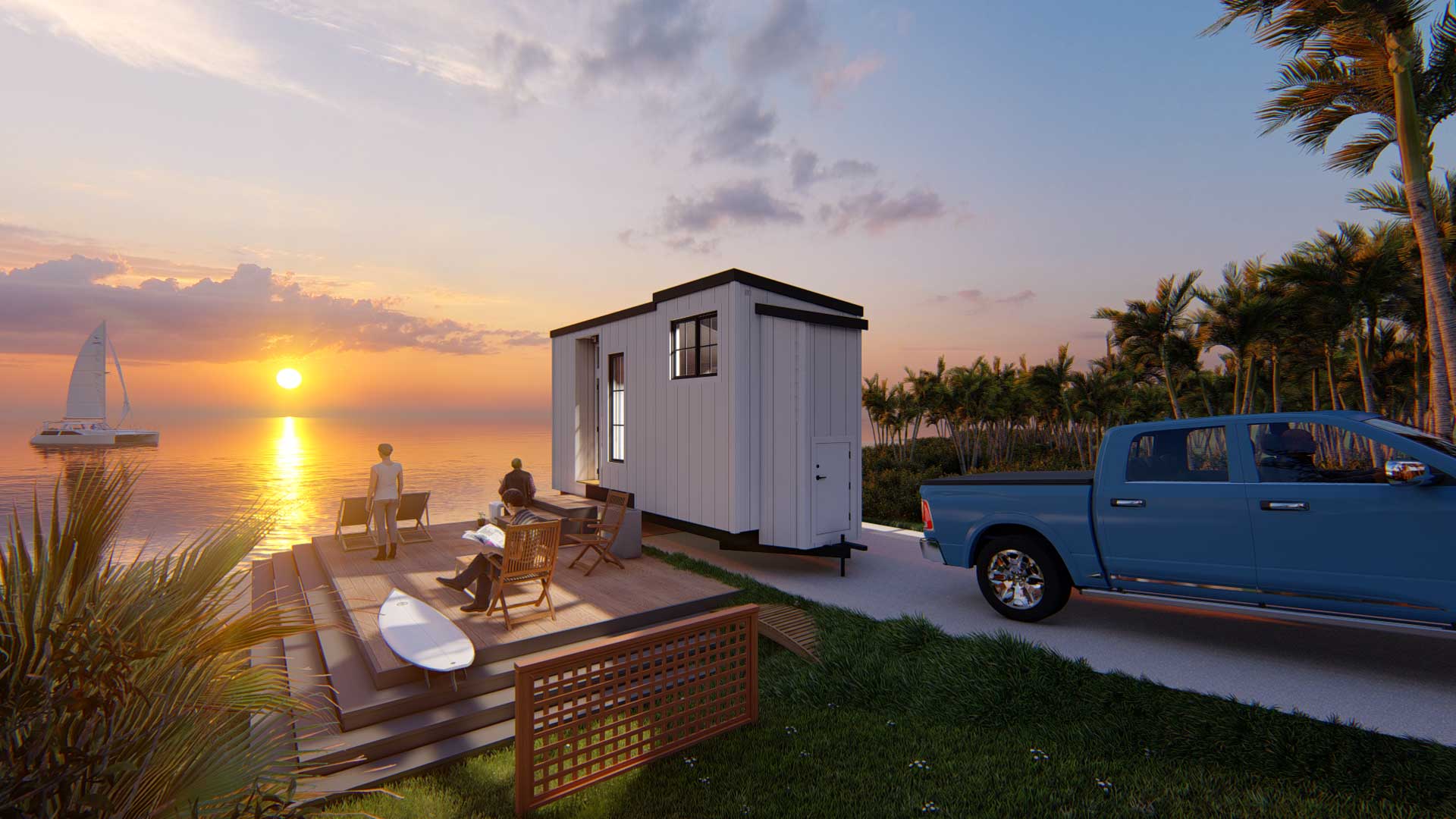 Keepsake Farmhouse 3D model at sunset overlooking the ocean