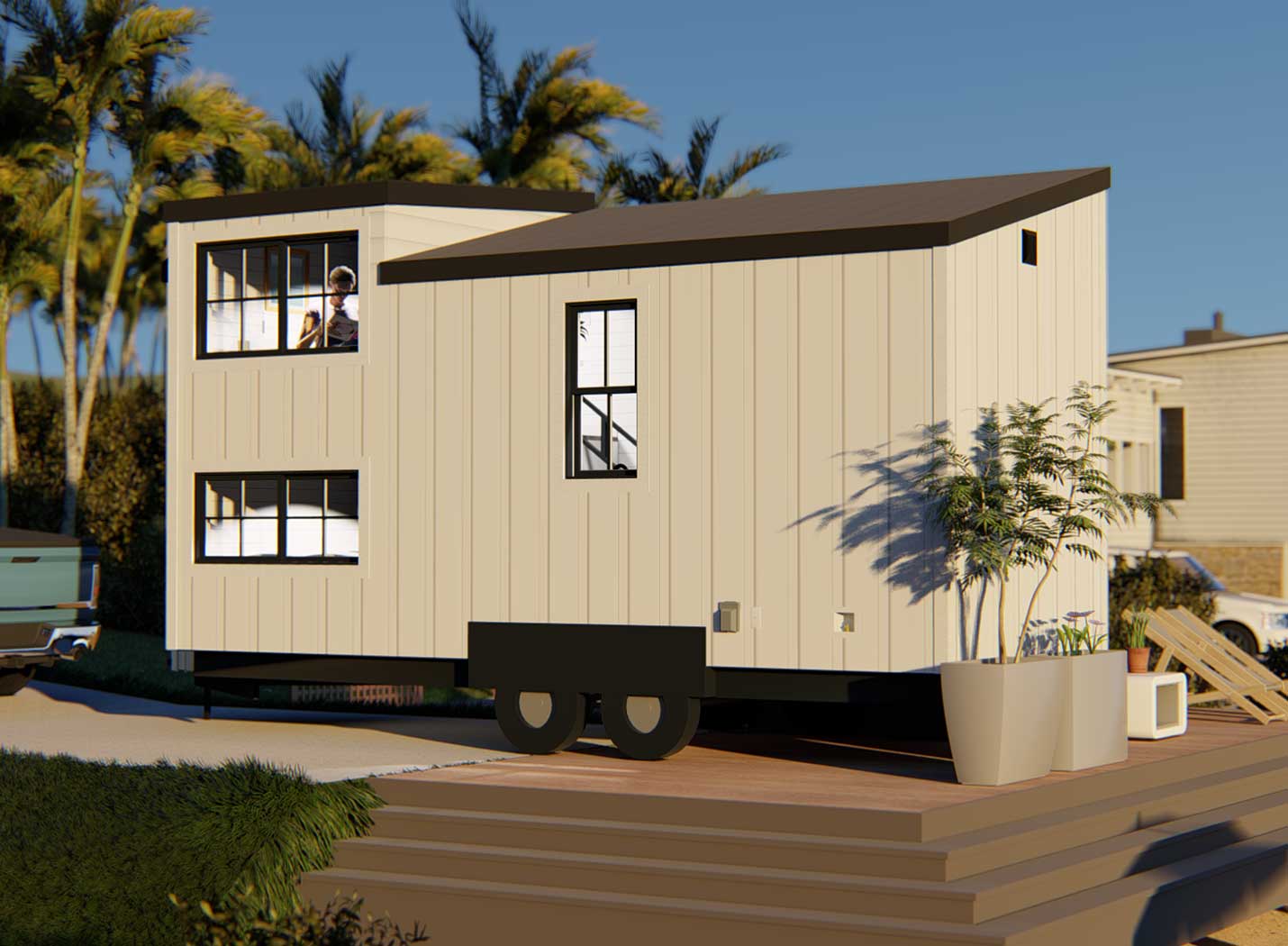 Keepsake tiny home 3D model in farmhouse style, view of the outside of the tiny house model