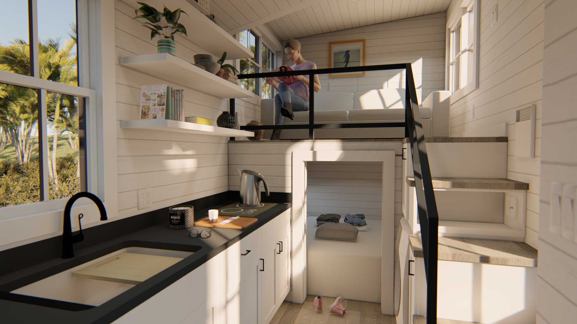 Keepsake farmhouse interior showing kitchen and stairs to loft