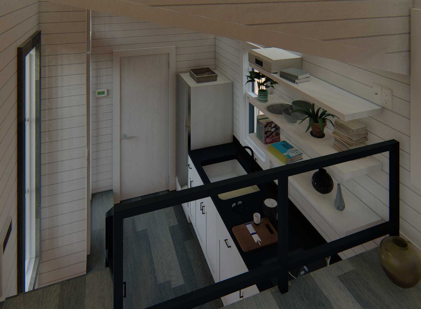 Farmhouse style Keepsake tiny home rendering of kitchen from above in the loft