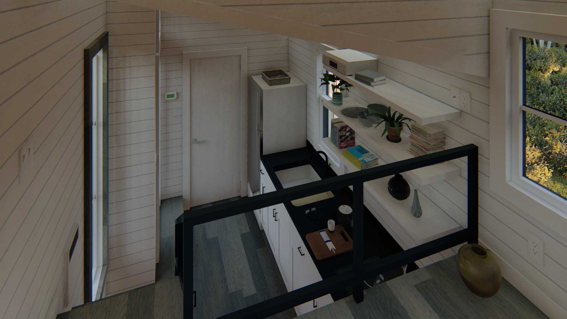 3D model of interior of the Keepsake tiny home in the farmhouse style, overhead view from loft