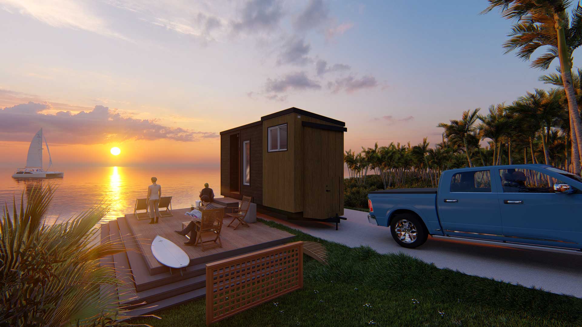 3D model of Keepsake tiny home at sunset overlooking water, showing the modern style