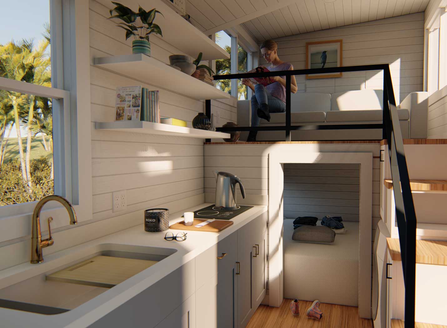 Interior of a modern style keepsake tiny home for sale in the Signature Series line from Tiny Heirloom