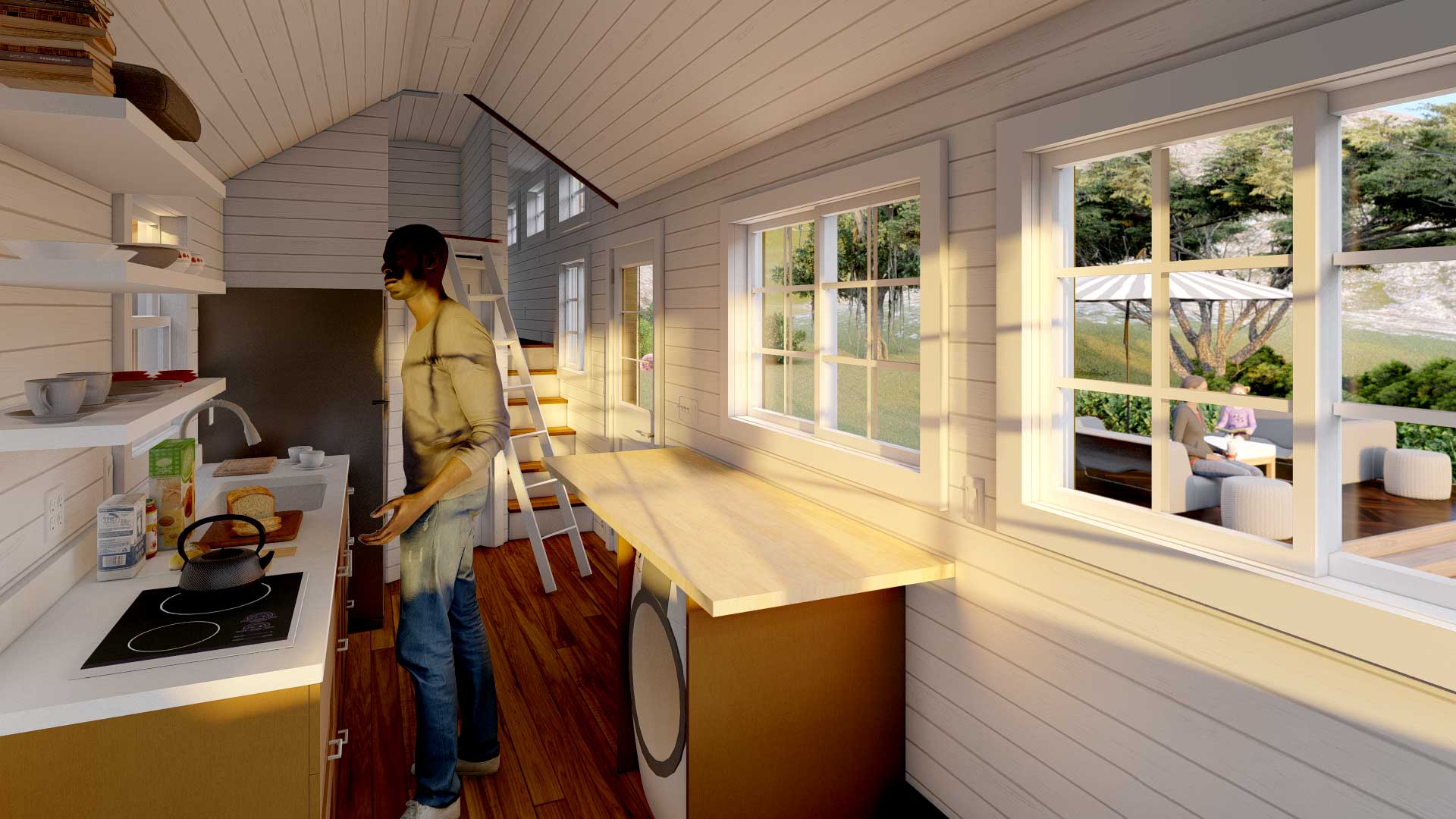 Cooking in a light-filled Majesty Tiny House in the craftsman style