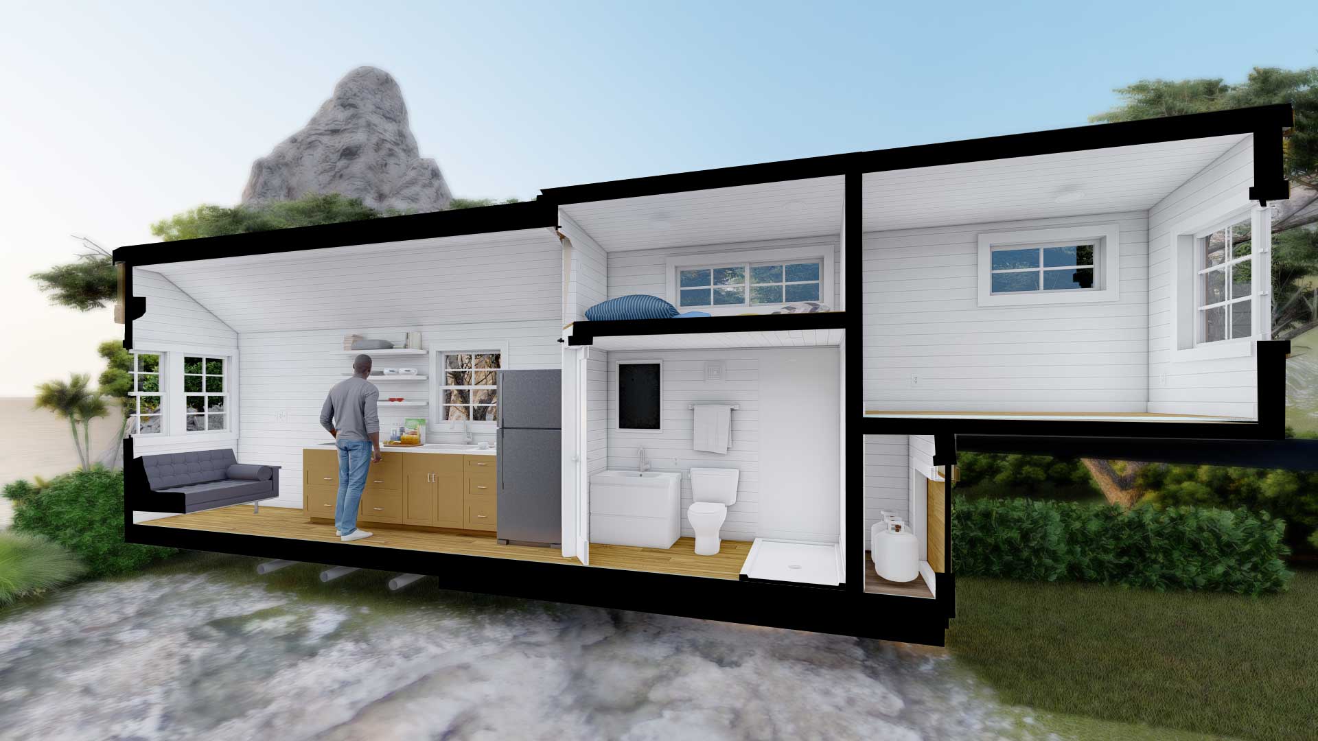 3d cutaway showing the interior of a Craftsman style tiny house