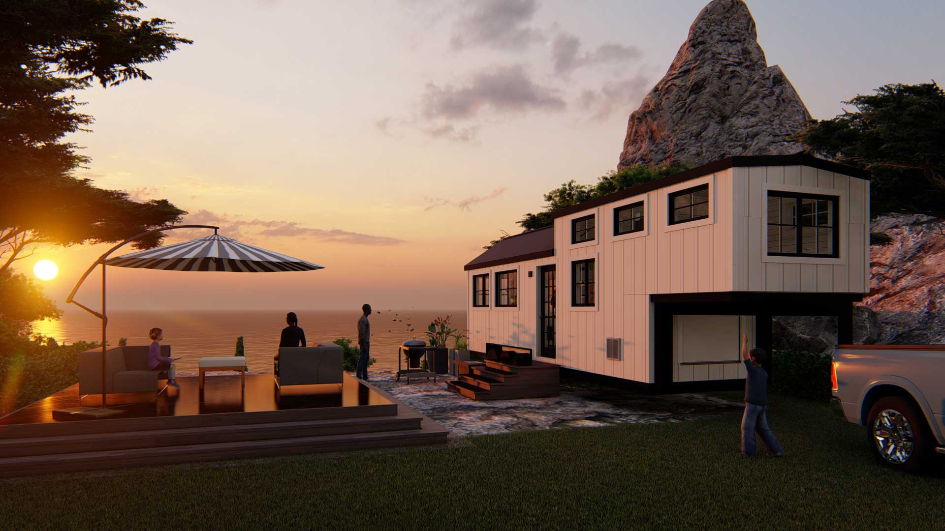 A Majesty tiny home overlooking a sunset over the ocean. 3d model.