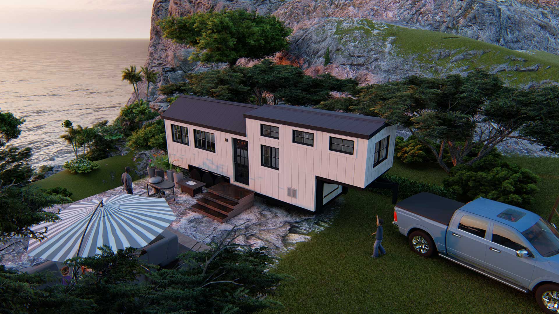 An overhead view of the outside of a farmhouse style Majesty tiny house