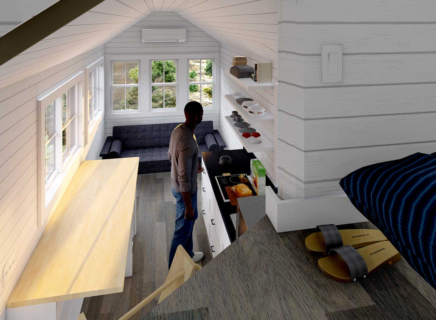 3d Rendering of the Majesty tiny home model in the Farmhouse style, showing the view down into the kichen, where someone cooks a meal, from the loft