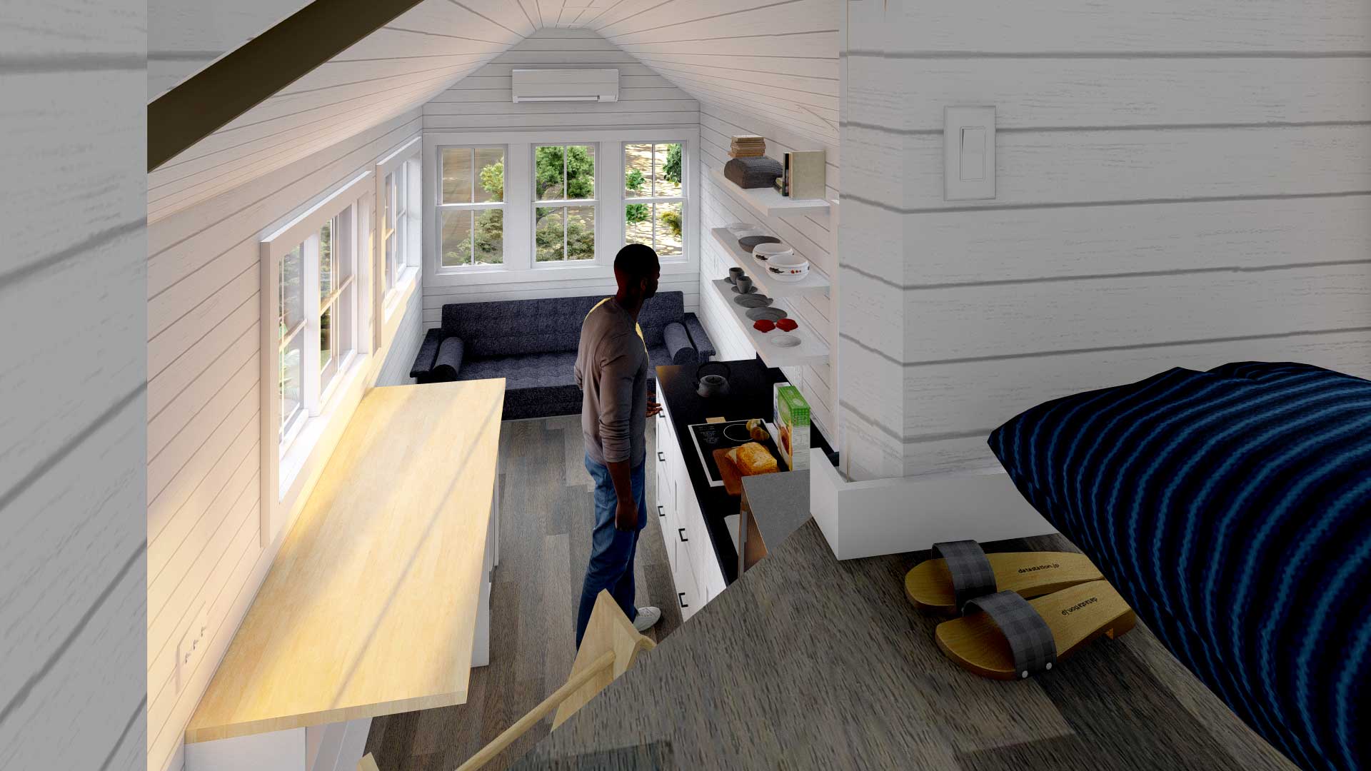 Someone in the gooseneck loft of their Majesty tiny home, 3D model