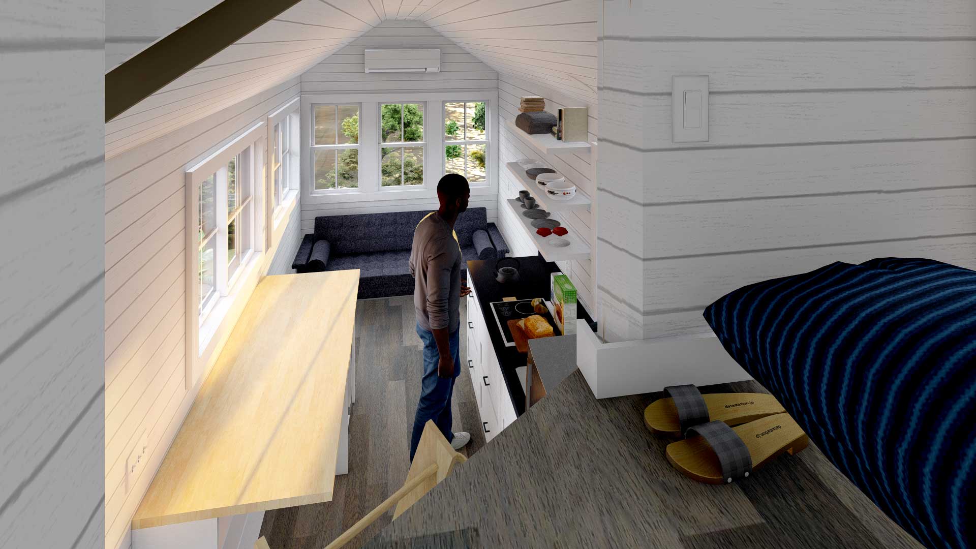 Someone in the gooseneck loft of their Majesty tiny home, 3D model