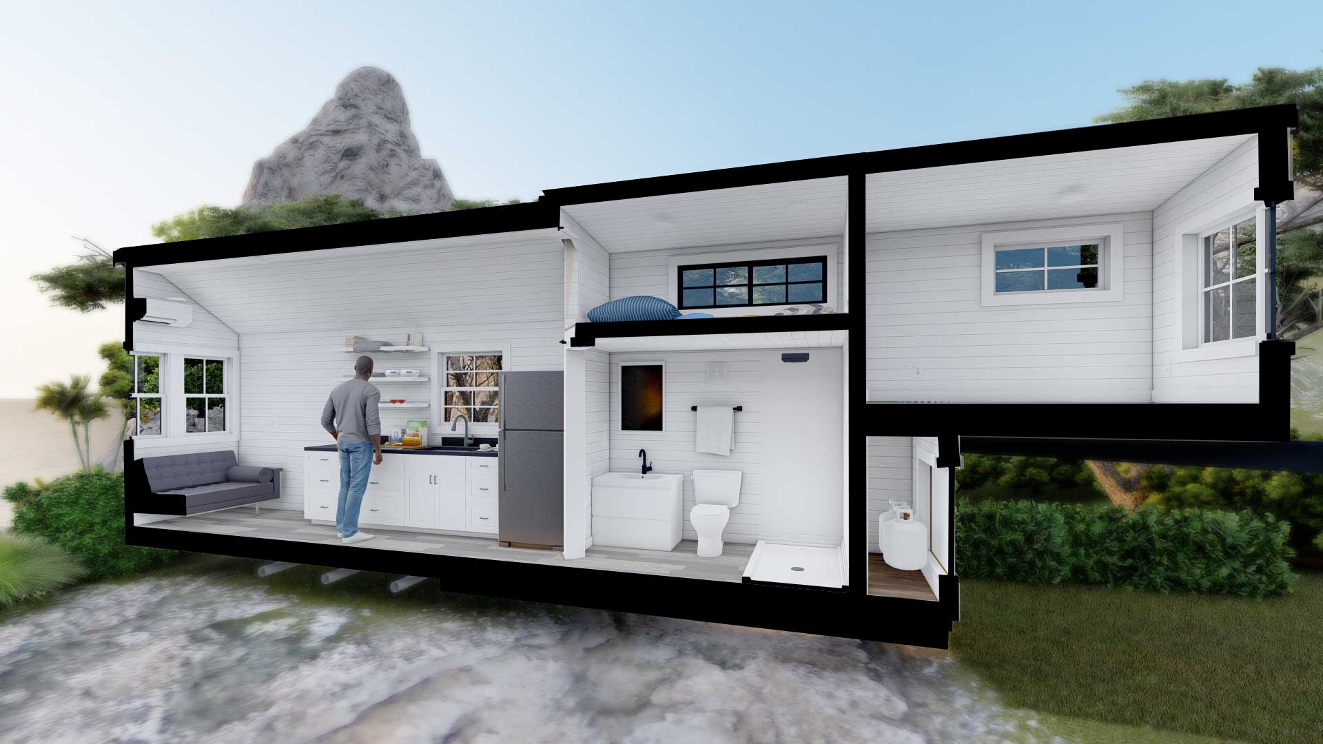 A cutaway 3D model showing the interior of a Majesty tiny home