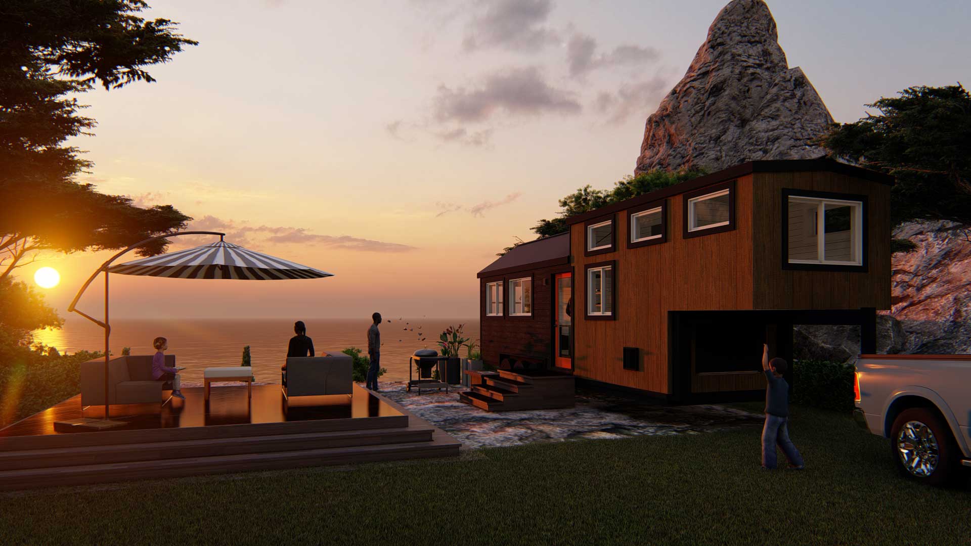 Majesty tiny home in the modern style overlooking a sunset by the ocean