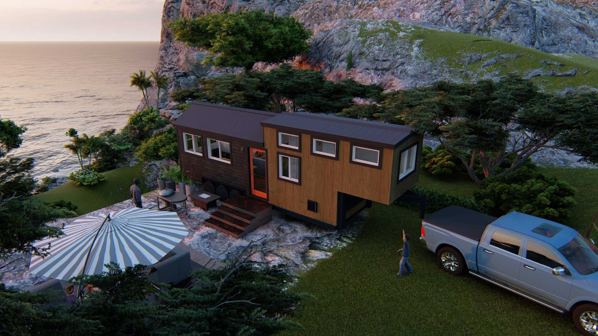 Overhead 3D model of a Majesty modern tiny home by the coast