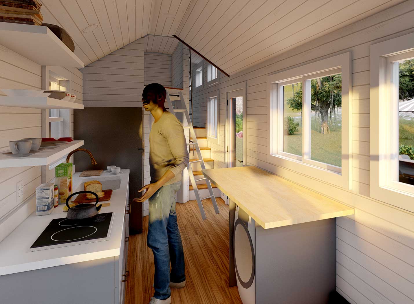 Interior of Majesty Tiny Home, for sale as part of the Signature Series, showing someone cooking in the kitchen (3d model)