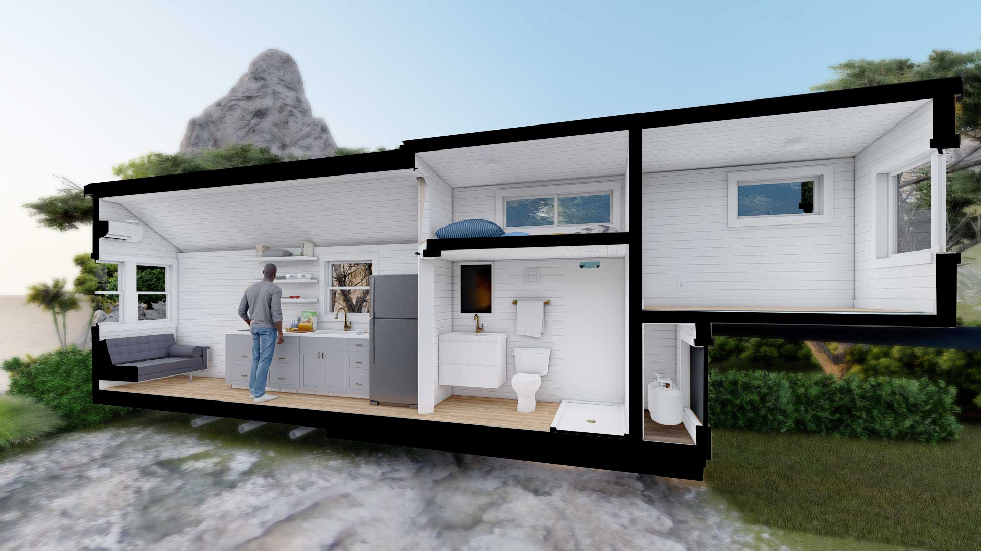 Cutaway 3D model showing interior of a Modern style Majesty tiny house
