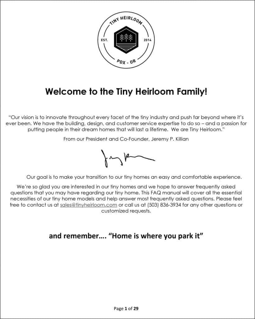 Tiny Heirloom Tiny Home FAQ Document cover