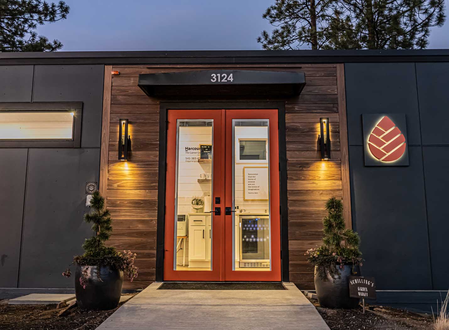 Exterior of an Latutide tiny home used as a real estate office