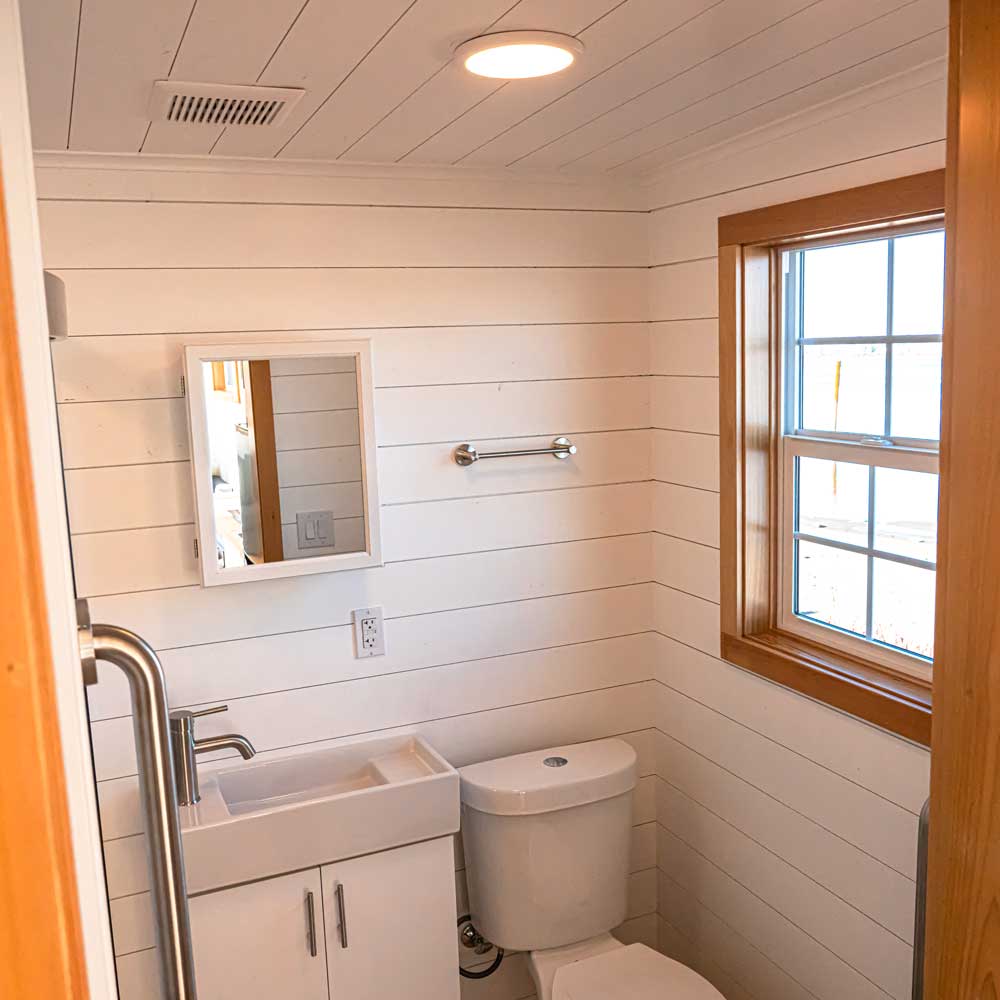 Bathrom of a Legacy tiny house in the craftsman style.