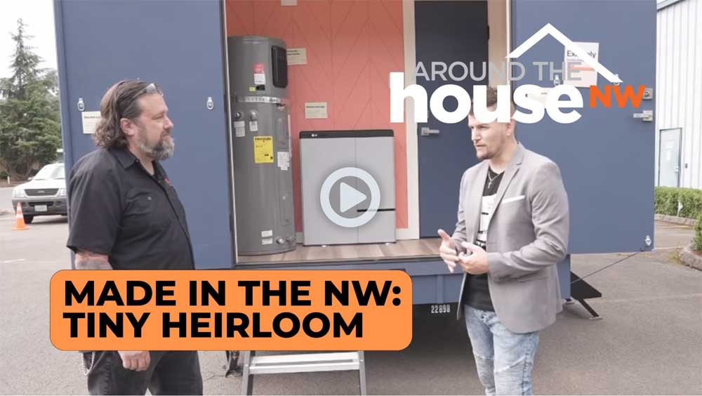 Tiny Heirloom Tiny homes featured on Made in the NW, video intro screen showing a tiny house, the host and our owner, Jeremy Killian